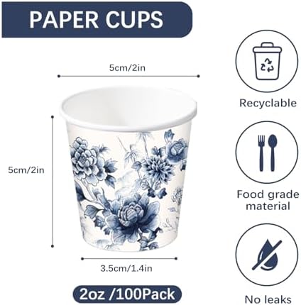 RUSPEPA 2 oz Bathroom Cups, Disposable Paper Cups - 100 Pack Blue Watercolor Flower Design Printed - Mini Mouthwash Rinse Paper Cups for Home, Bathroom, Picnic, Party, and Events