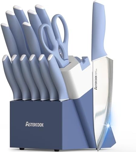 Astercook Kitchen Knife Set with Block and Sharpener 15 Piece German High Carbon Stainless Steel Sharp Blade Dishwasher Safe with Ergonomic Handle, Delicate Blue