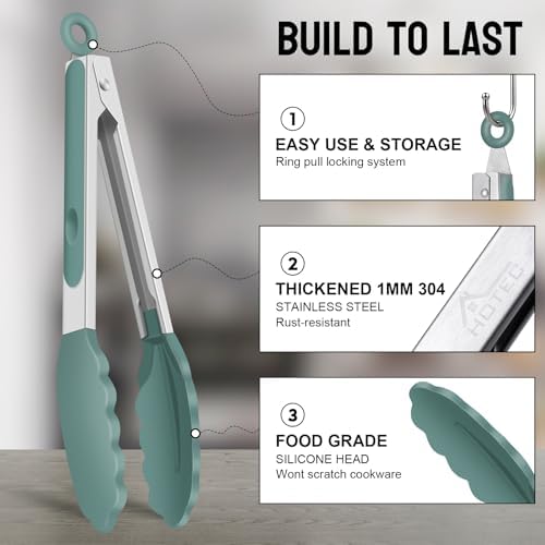 HOTEC Premium Stainless Steel Locking Kitchen Tongs with Silicon Tips, Set of 2-9" and 12", Sage Green