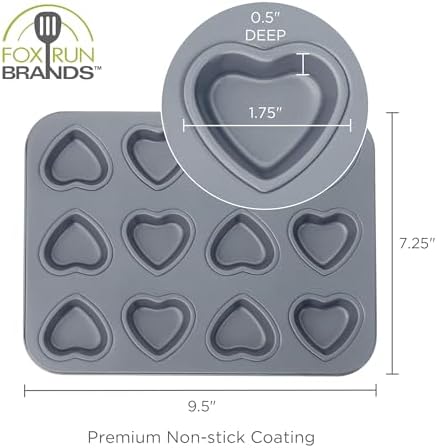 Fox Run Mini Heart Muffin Pan, 12-Cup, Preferred Non-Stick, Gray