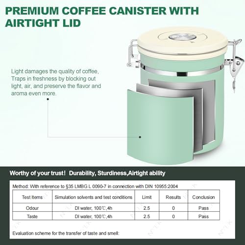 ShanSon Coffee Canister Airtight, Stainless Steel Bean Storage Container with Date Tracker & Scoop, Grounds Sugar Flour Tea Cereal Fits Kitchen Pantry, Ideal Gift for Coffee Lovers,16oz,Green