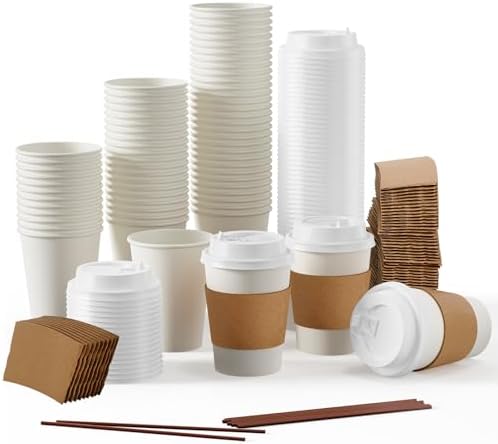 JOLLY PARTY 50 Pack 12 oz Disposable Paper Coffee Cups with Lids & Sleeves