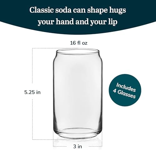 Libbey Classic Can Shaped Drinking Glasses Set of 4, Clear Kitchen Glass Tumbler, 16 Oz, Dishwasher Safe Glass Cups Set for Beverages and Cocktails