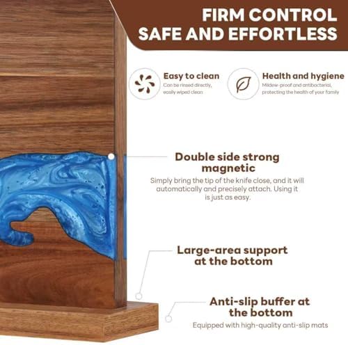 Magnetic Knife Block | Double Sided Magnetic Knife Holder | Acacia Wood Magnetic Knife Rack | Magnetic Knife Storage Stand for Kitchen Counter, Blue Resin River, 12.59×9.84IN (No Knife)