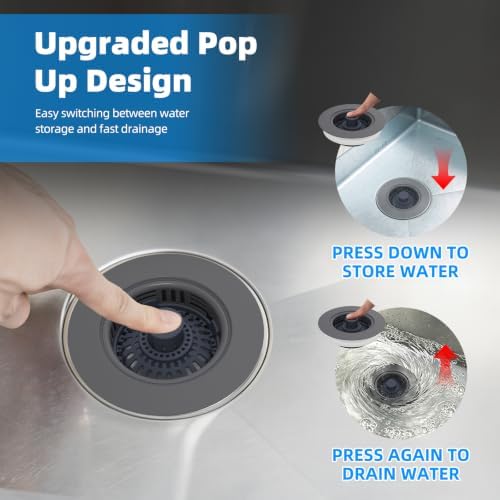 Hibbent 3 in 1 Kitchen Sink Drain Strainer, Metal Pop Up Stopper