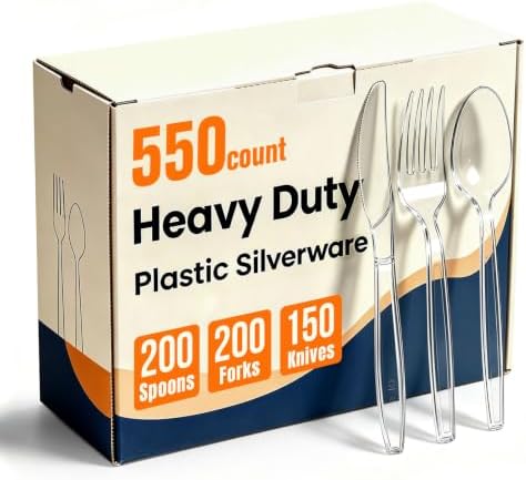 550 Count Plastic Silverware Heavy Duty, 200 Forks, 200 Spoons, 150 Knives