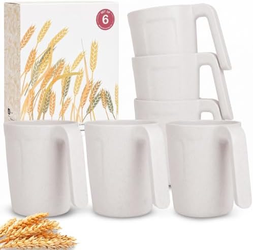 Wrova Wheat Straw Cups with Handles 16oz -Plastic Cups Reusable Set of 6-Unbreakable Coffee Mugs- Microwave & Dishwasher Safe Mug-Ideal Plastic Mugs for Tea,Coffee,Camping,RV-White