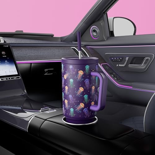 Meoky 40 oz Tumbler with Handle and Straw: Glow in the Dark Tumbler with Lid and Straw - Stainless Steel Insulated Tumbler for Car Cup Holders - Travelers Commuters Workers (1 Pack, Jellyfish)