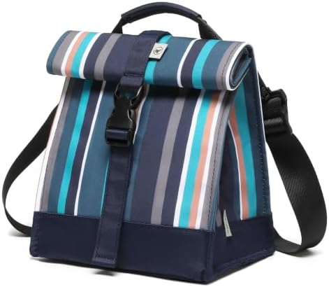 SUNNY BIRD Insulated Lunch Bag Rolltop Lunch Box Tote Bag for Women, Men, Adults and Teens (Navy Teal Stripe)