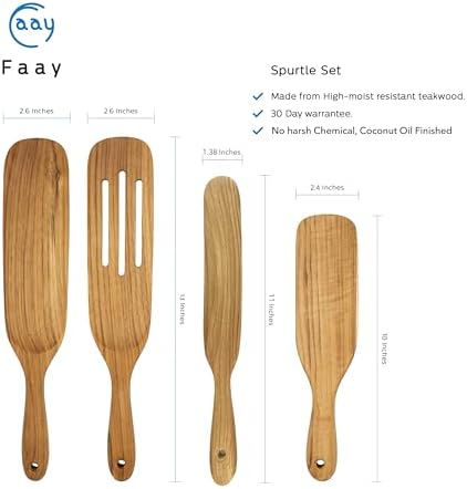 FAAY Teak Spurtle Set, 4 Handmade Wooden Utensils | Premium Thai Teak, Non-Scratch, Moisture-Resistant | Skinny, Medium, Solid & Slotted Spurtles for Mixing, Stirring, Batter & Jars