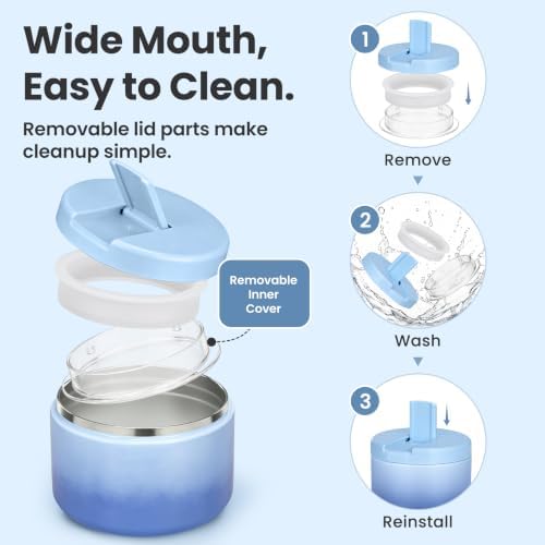 Pawtong 12oz Insulated Vacuum Food Jar with Buckle Lid Wide Mouth Soup Thermo for Hot Food Kids Leakproof Stainless Steel Lunch Container (Gradient Blue, 12OZ)
