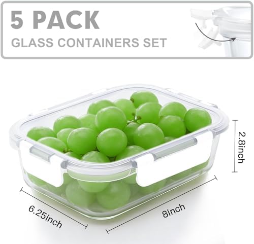 VERONES 5 PACK 36 OZ Glass Meal Prep Containers Set with Lids, White