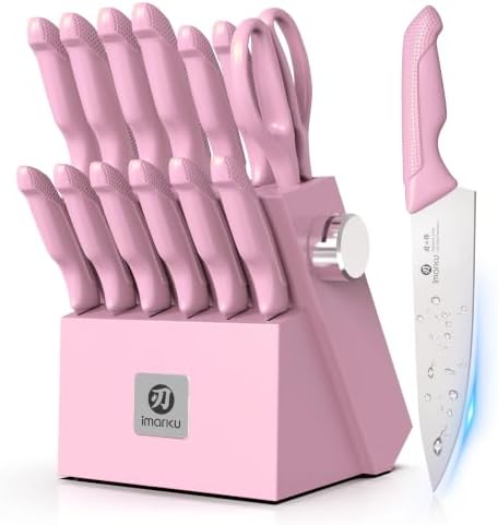 imarku Pink Kitchen Knife Set, 14-Piece Knife Set with Block and Sharpener