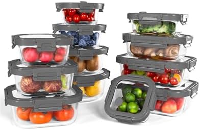 12-Pack Glass Containers with Tempered Lids – Borosilicate, Oven-Safe(-4°F~950°F), Airtight, BPA-Free, Multi-Size for Meal Prep, Dishwasher Safe, 1.6 cups to 6.4 cups (Gray)