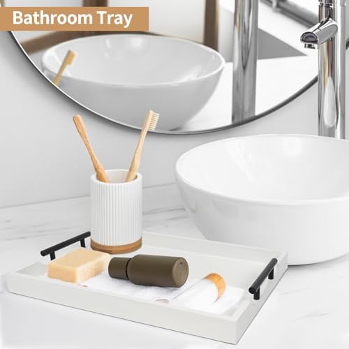 SXNOWS Wood Serving Tray with 2 Sets of Handles,White