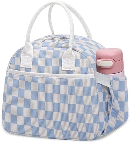 Carry bloom Lunch Box for Women, Insulated Lunch Bag Cute Corduroy Lunchbag Reusable Lunchbox for Work (checkered blue white)