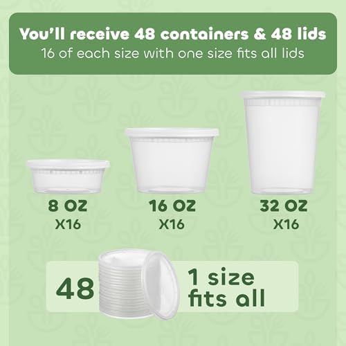 48 Sets Plastic Food Storage Deli Containers w/ Lids 8oz, 16oz & 32oz Quart