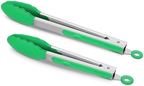 2 Pack Silicone Kitchen Tongs, 9 & 12 Inch, Stainless Steel, Dark Green
