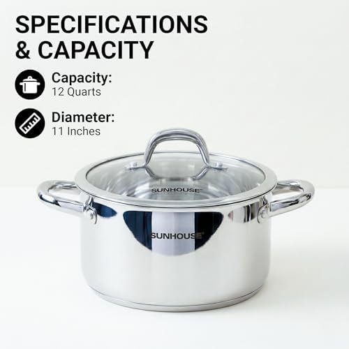 SUNHOUSE Whole-Clad 12 Quart Stainless Steel Stock Pot with Lid