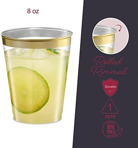 PLASTICPRO Disposable 8 oz Crystal Clear Plastic Tumblers With Gold Rim for Party's & Weddings pack of 50
