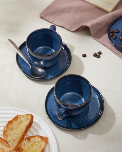Pokini Stoneware Coffee Cups with Saucers, Cappuccino Cups, Mugs Set of 4