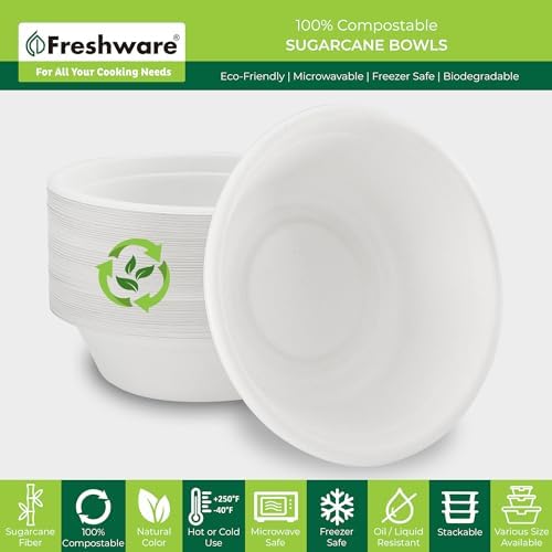 Freshware Paper Bowls - Disposable 32 oz Soup Bowl, 50-Pack Biodegradable Sugarcane Fiber Serving Bowls - Heavy Duty Bagasse for Hot Food Plates - Microwave & Freezer Safe, Stackable Dinnerware