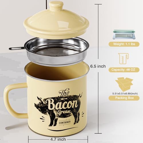 PGYARD Bacon Grease Container with Strainer-46OZ Enamel Keeper with Spatula