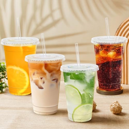Lamosi 300 Pack 16 oz Plastic Coffee Cups with Lids, Disposable Clear Cups