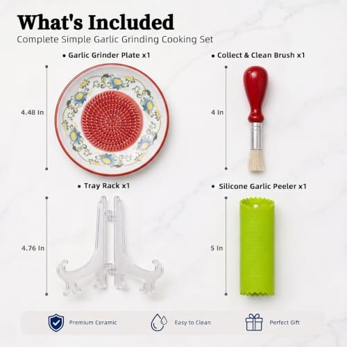 Ceramic Garlic Grater Plate Set – Hand-Painted Floral 4-Piece Set with Silicone Peeler, Cleaning Brush & Display Stand – Porcelain Grater Dish for Garlic & Ginger(Red)
