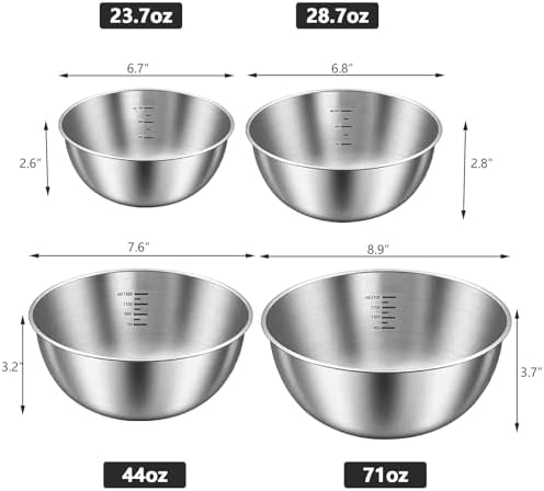 4 Pack Stainless Steel Mixing Bowl Set, Microwave and Dishwasher Safe,Ideal for Baking, Prepping, Cooking and Serving Food