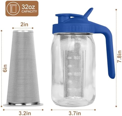 Cold Brew Coffee Maker, 32 oz Mason Jar Pitcher with Stainless Steel Filter, Pour Spout Handle Lid, Heavy Duty Glass Airtight & Leak-Proof for Iced Coffee,Tea & Lemonade