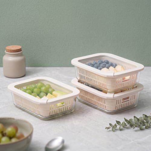 Urban Green Glass Food Storage Containers with Glass Lids, Microwave Safe Food Container Set, Aitight Meal Prep Container Set, BPA Free, 3 extra Colanders, LeakProof, 3 Pack of 35oz