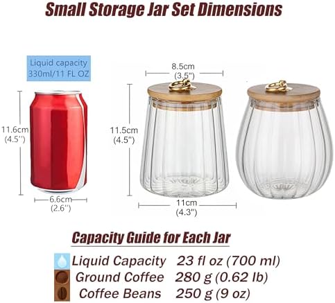 Small Glass Coffee Nuts Canister, Airtight Jar Bamboo Lid, 23 FL OZ, 2pcs