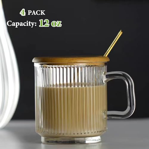 Mfacoy 4 PACK Glass Coffee Mugs with Handle & Spoon, 12 OZ Glass Coffee Cups with Bamboo Lid, Ribbed Glass Cups, Clear Tea Cup for Hot/Cold Beverages, Glassware Set for Americano, Latte, Cappuccino