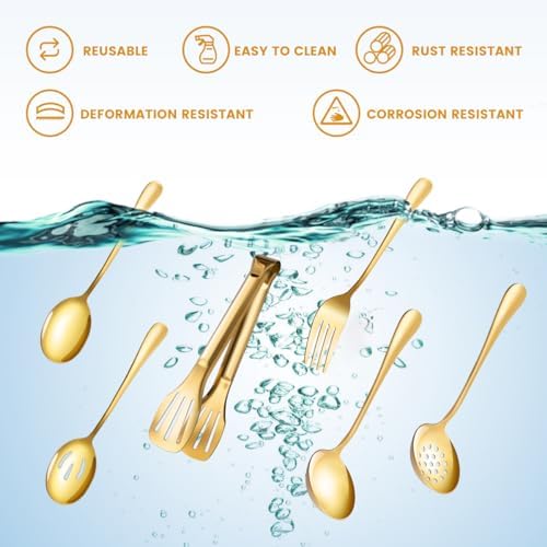 Gold Serving Utensils Set for Partie, Stainless Steel Metal Large Serving Spoons, Slotted Spoons, Forks, Tongs, Soup Spoons, Skimmer Spoon, Cake Server for Buffet, Catering, Entertaining 15pcs
