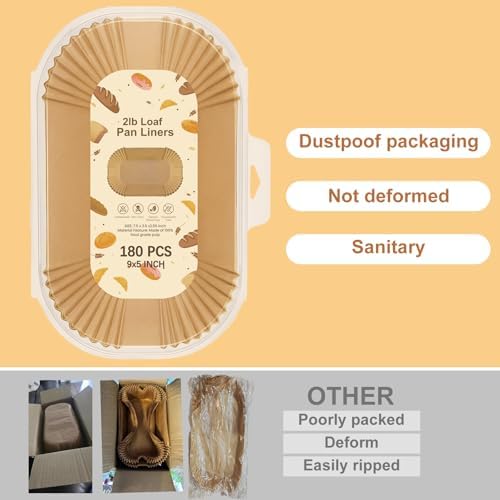 Loaf Pan Liners for Baking Bread 9x5 Inch - 180 PCS Non-Stick Parchment Paper Liners - Disposable Bread Pans Liner for Sourdough Bread, Banana Bread, Cakes, Baking Accessories