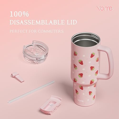 YOME DetaClean 40oz Strawberry Pink Tumbler with Handle and Flip Straw for Women | 100% Disassemblable Lid | Stainless Steel Insulated Water Bottle | 100% Leak Proof | Keeps Drinks Cold