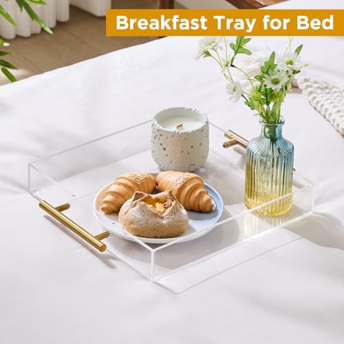 12"x12" Clear Acrylic Serving Tray with Golden Handles, Sturdy Huge Capacity Acrylic Trays for Coffee, Juice, Kitchen and Desk Organizer, Storage Tray (12"x12")