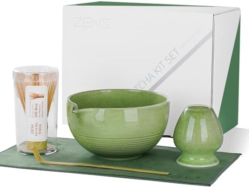 ZENS Matcha Whisk Set, 5pcs Matcha Kit Set Includes Emerald Green Bowl, Handcrafted Bamboo Whisk and Chasen Holder, Scoop & Tea Mat, Matcha Tea Ceremony Gift for Matcha Lovers