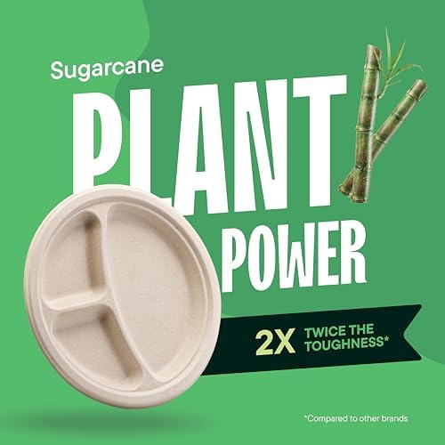 100% Compostable, 3 Compartment, Disposable Paper Plates [125-Pack] 9 Inch Heavy Duty Biodegradable Bagasse Sectional Lunch Trays + Dividers - Divided Platte Tray (PFAS Free) (BPA Certified)