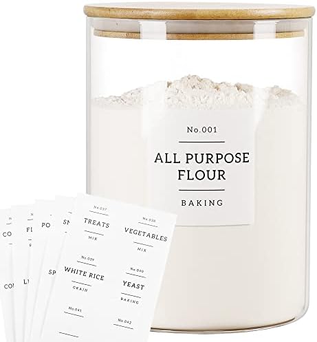 HHMJSM Large Glass Storage Jars With Airtight Bamboo Lid - 100 Fl Oz Thicken Kitchen Glass Food Storage Canister With 42 Pantry Labels - Big Clear Flour And Sugar Containers Farmhouse