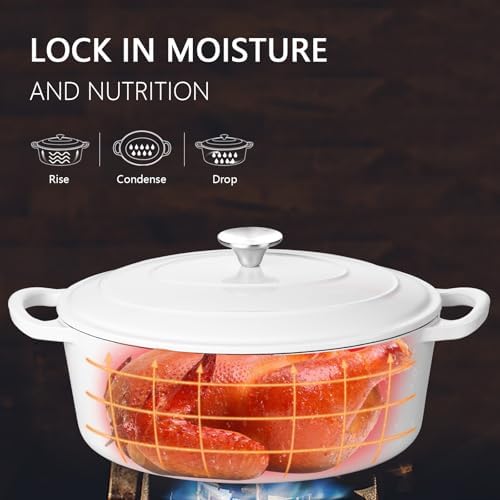 Leonyo 7-Quart Enameled Cast Iron Oval Dutch Oven Pot with Lid, White