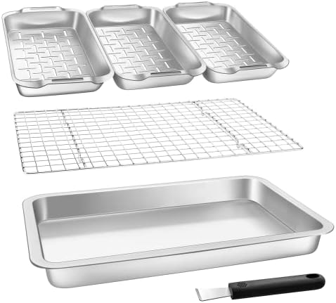 VIKEYHOME Grill Carry System, 6-Piece Stainless Steel Large Food Prep Tray, 16.5" x 11" Pan, Outdoor Grill with Cooling Rack for Vegetables, Fish, Meat, Great Grilling Gifts for Men