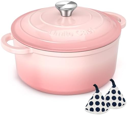Umite Chef 5QT Enameled Cast Iron Dutch Oven Pot with Lid, Heavy-Duty Cookware for Bread Baking, Braising, Stews, Roasting, Wedding Registry Ideas & Gifts (Pink)