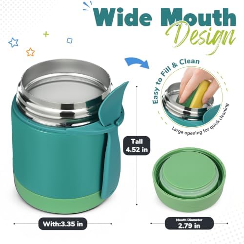 10oz Soup Thermo for Hot Food Kids,Lunch Thermo Kids Food Jar with Spoon Hot Insulated Food Containers,Leak Proof Stainless Steel Wide Mouth Lunch Thermo Jar for School(Green)