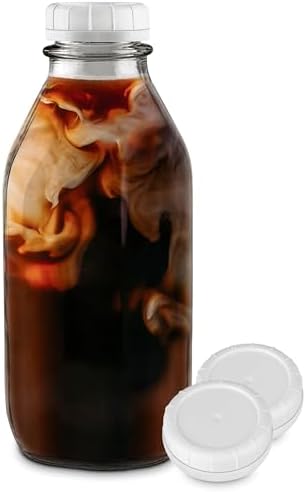 Stock Your Home Liter Glass Milk Bottle with Lid (1 Pack) 32 Oz Jugs and 3 White Caps, Reusable Food Grade Milk Container for Refrigerator, Bottles for Juice, Oat or Plant Milks, Water, Honey