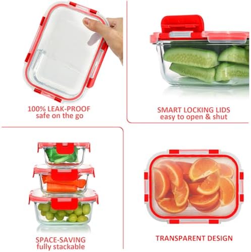 KOMUEE 24 Pieces Glass Food Storage Containers Set, Red