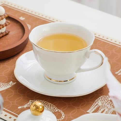 6oz Porcelain Tea Cup & Saucer Set of 6, White with Gold, Party