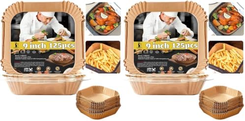 Air Fryer Liners Disposable 9 Inch, 9 inch Air Fryer Liners 125 Pcs Large Square Air Fryer Paper Liners for 5QT 6qt 8QT Air Fryer, Non-stick Parchment Paper for Frying, Baking (Pack of 2)