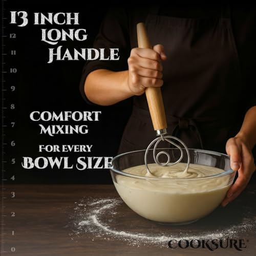 Danish Dough Whisk for Sourdough Bread – 13 Inch Bread Whisk with Wooden Handle – 304 Stainless Steel Hook for Heavy Dough Baking, Swedish Dough Whisk Tool